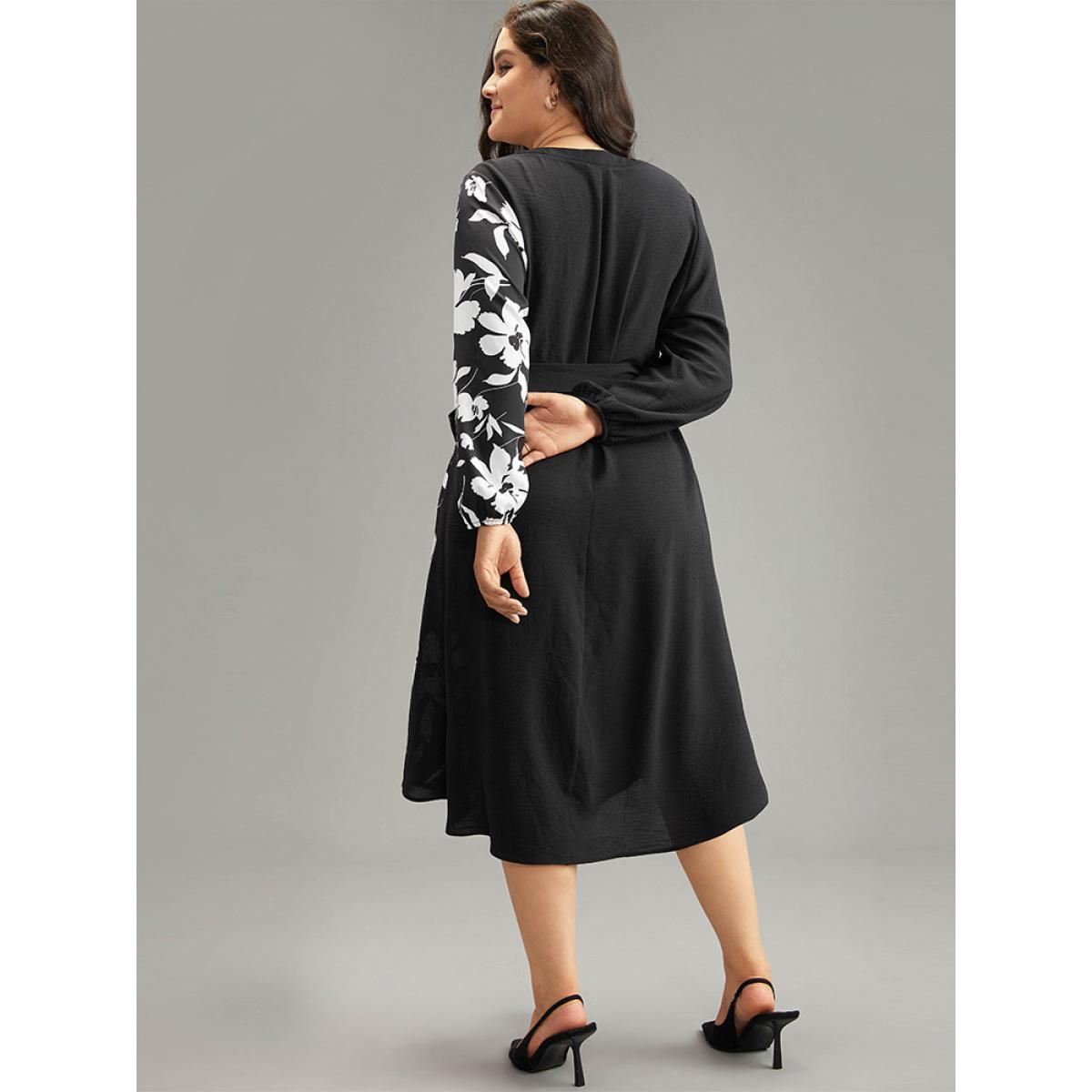 Plus Size Silhouette Floral Print Patchwork Pocket Dress Black Women Office Elastic cuffs Notched collar Long Sleeve Curvy Midi Dress BloomChic 30/6X Product Image