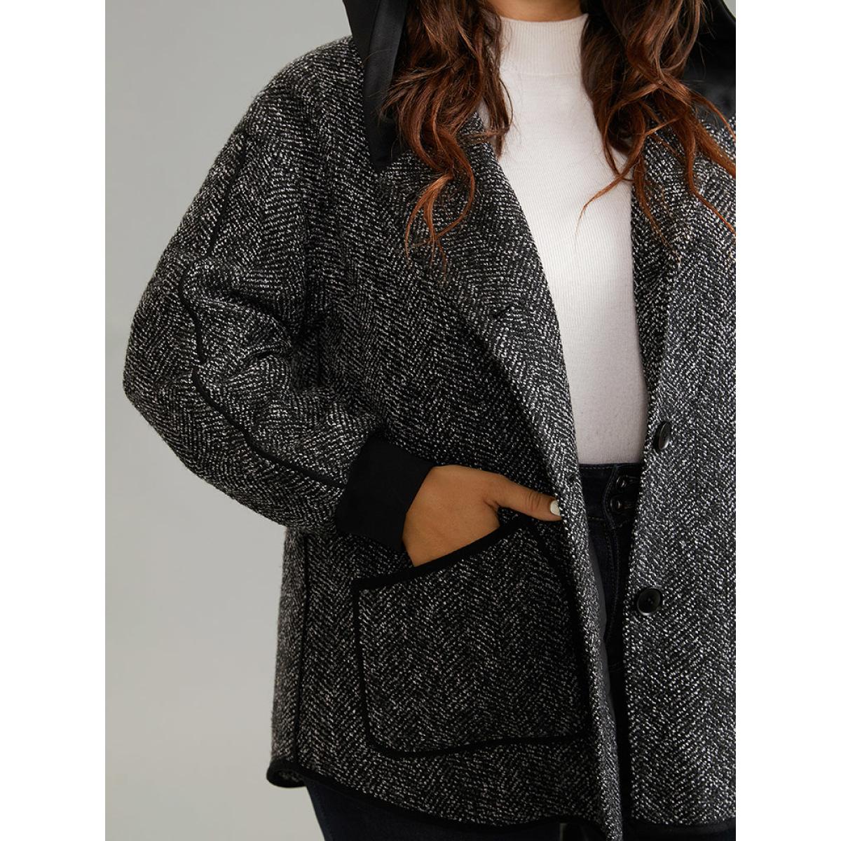 Plus Size Tweed Pocket Button Through Hooded Coat Women Black Casual Patchwork Ladies Dailywear Winter Coats BloomChic 14-16/1X Product Image
