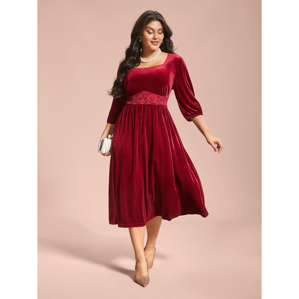 Plus Size Velvet Lace Detail Waist-Cinched Dress Scarlet Women Elegant Woven ribbon&lace trim Heart neckline Elbow-length sleeve Curvy BloomChic 10/M Product Image