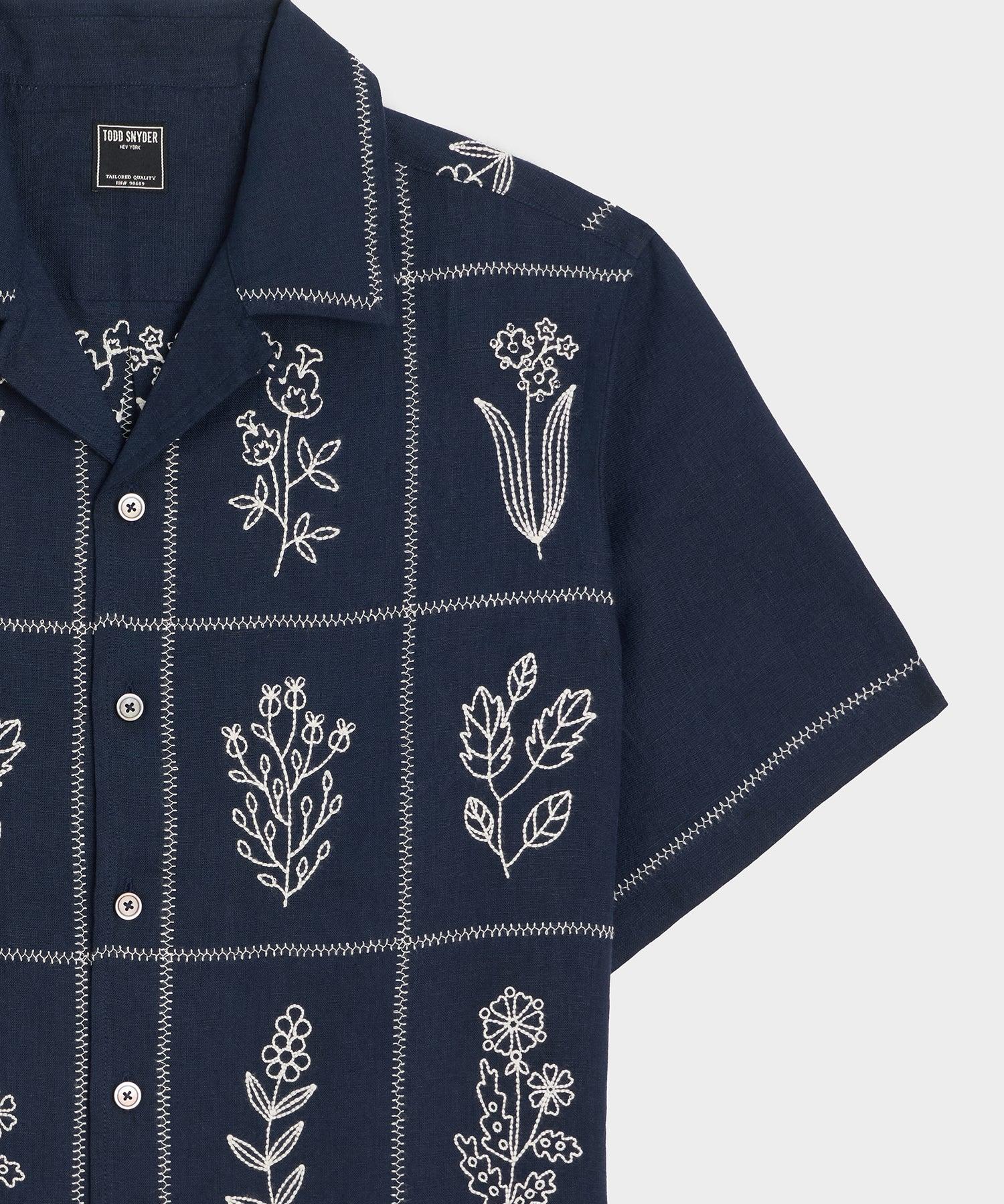 Cropped Embroidered Linen Camp Collar Shirt Product Image