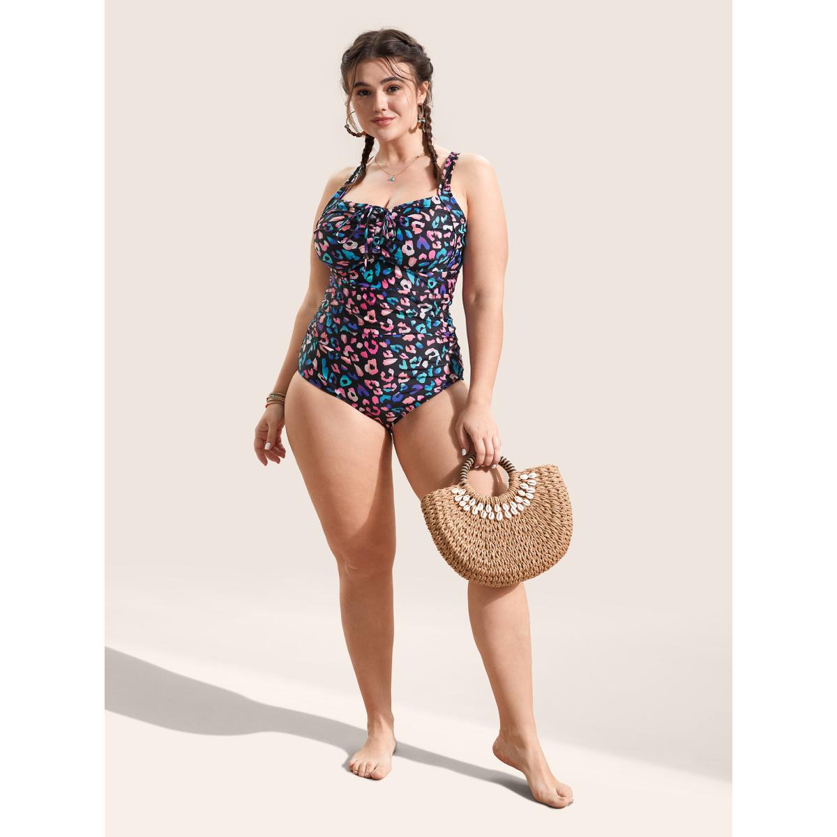 Plus Size Leopard Print Gathered Knotted One Piece Swimsuit Women's Swimwear Multicolor Beach Gathered Curve Bathing Suits High stretch One Pieces BloomChic 22-24/3X Product Image
