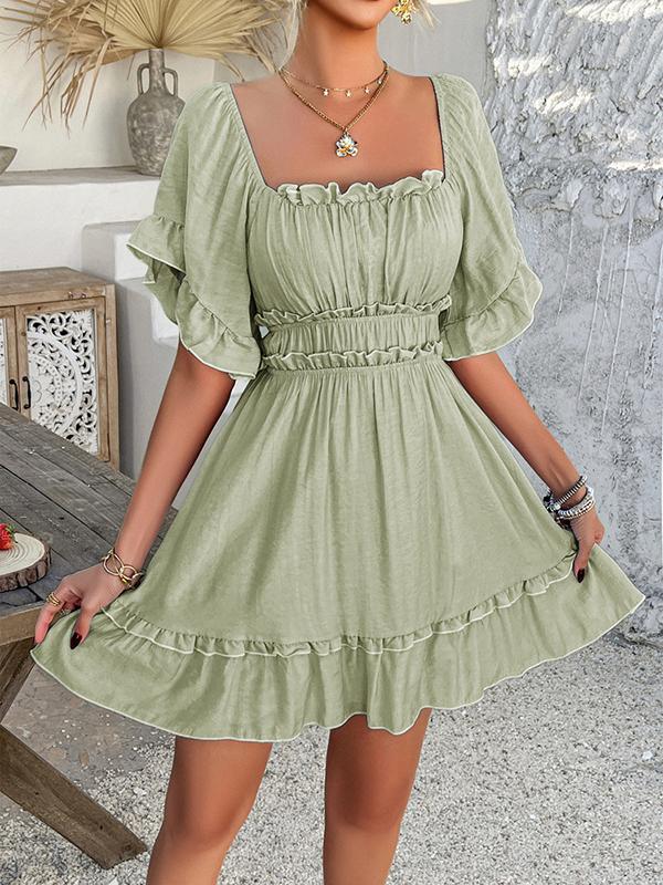 A-line High Waisted Elasticity Pleated Ruffle Trim Solid Color Square-neck Mini Dresses Product Image