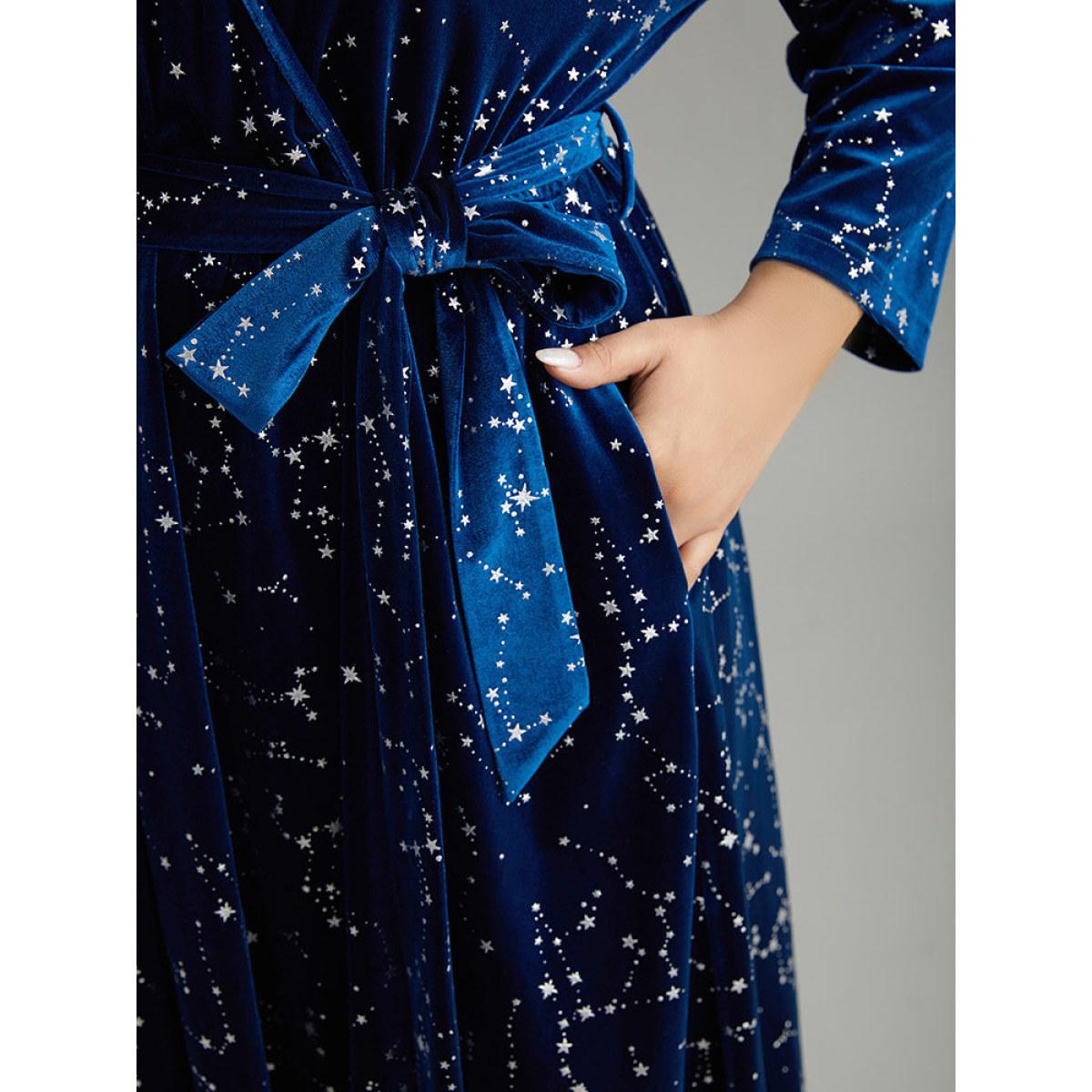 Plus Size Star Glitter Velvet Wrap Pocket Belted Dress DarkBlue Women Party Wrap Overlap Collar Long Sleeve Curvy Midi Dress BloomChic 14-16/1X Product Image