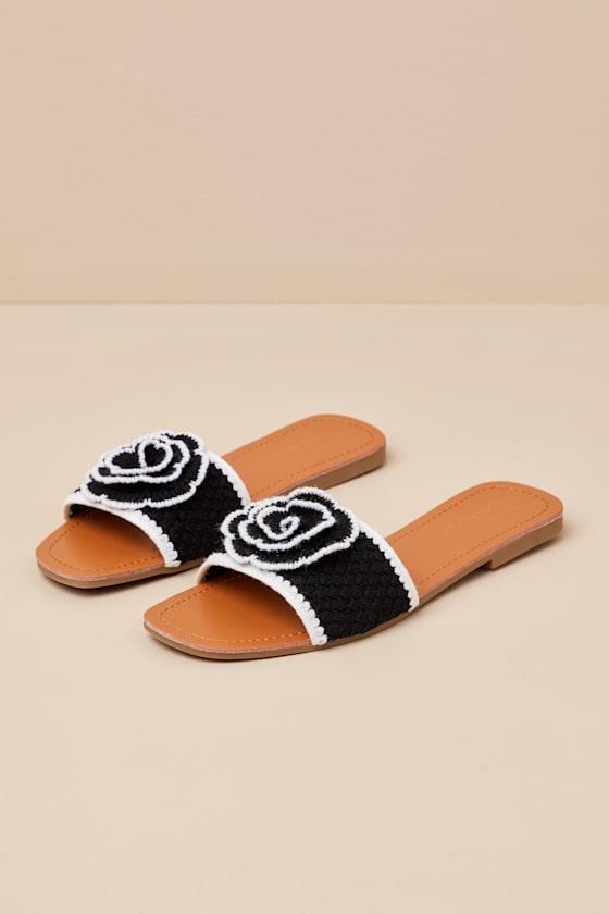 Simmy Black and White Flower Slide Sandals Product Image