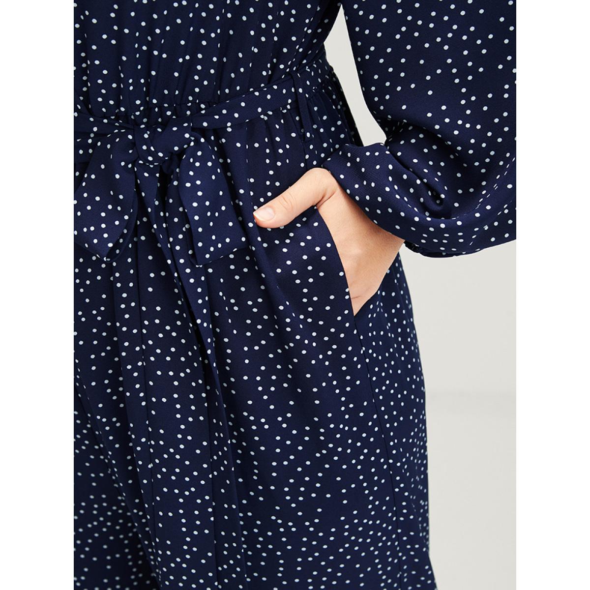 Plus Size DarkBlue Polka Dot Belted Lantern Sleeve Pocket Button Wrap Jumpsuit Women Elegant Long Sleeve V-neck Dailywear Loose Jumpsuits BloomChic 10/M Product Image