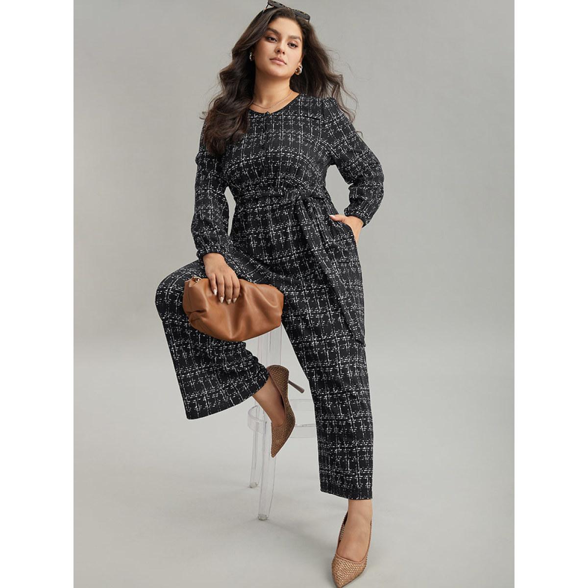 Plus Size Black Textured Button Up Elastic Waist Belted Jumpsuit Women Office Long Sleeve Round Neck Work Loose Jumpsuits BloomChic 18-20/2X Product Image