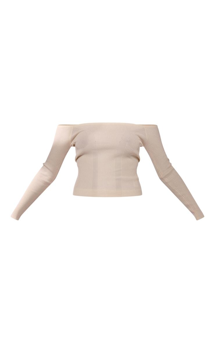 Cream Bardot Rib Knit Long Sleeve Top Product Image