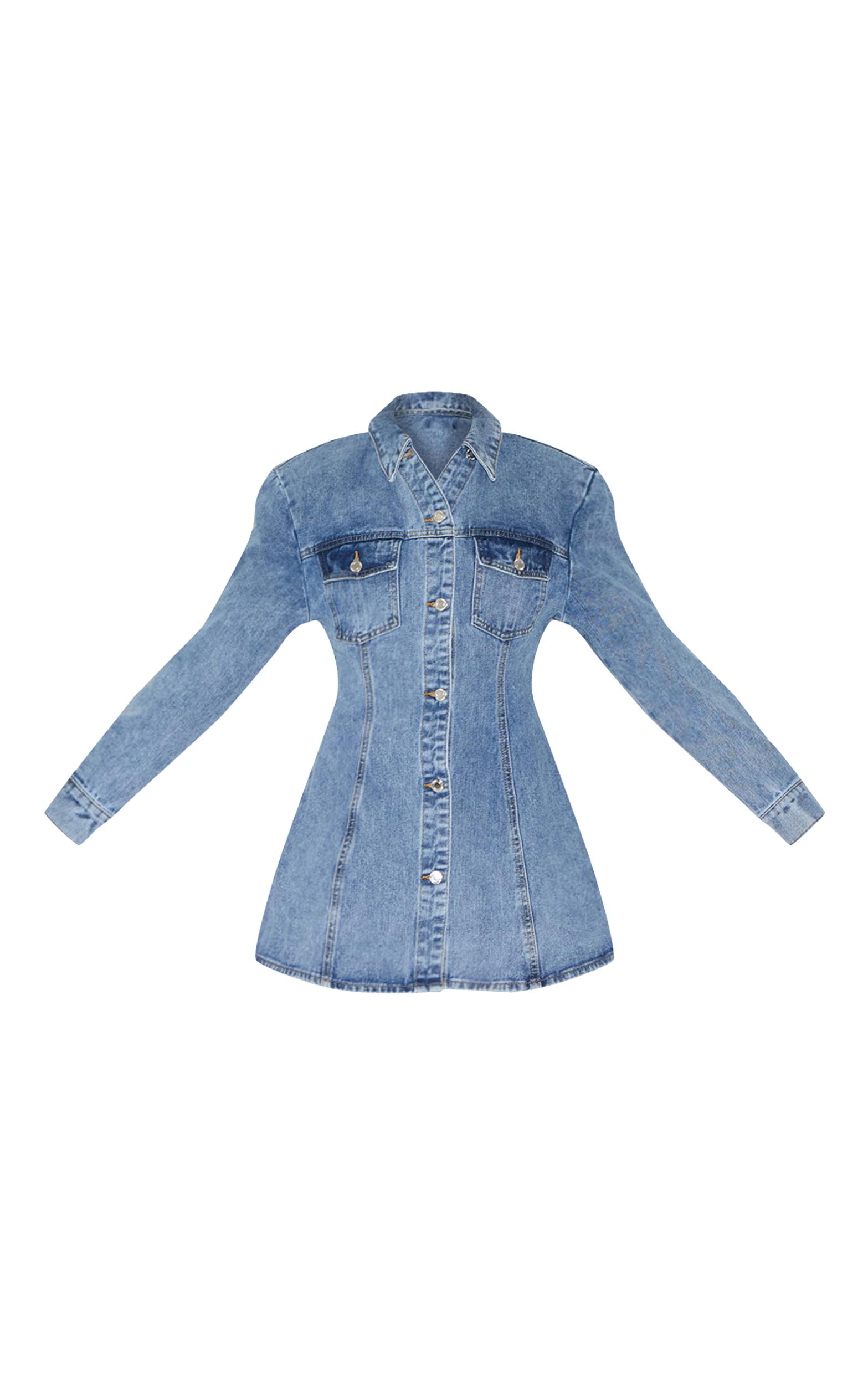 Mid Blue Wash Cinched Waist Denim Shirt Dress Product Image