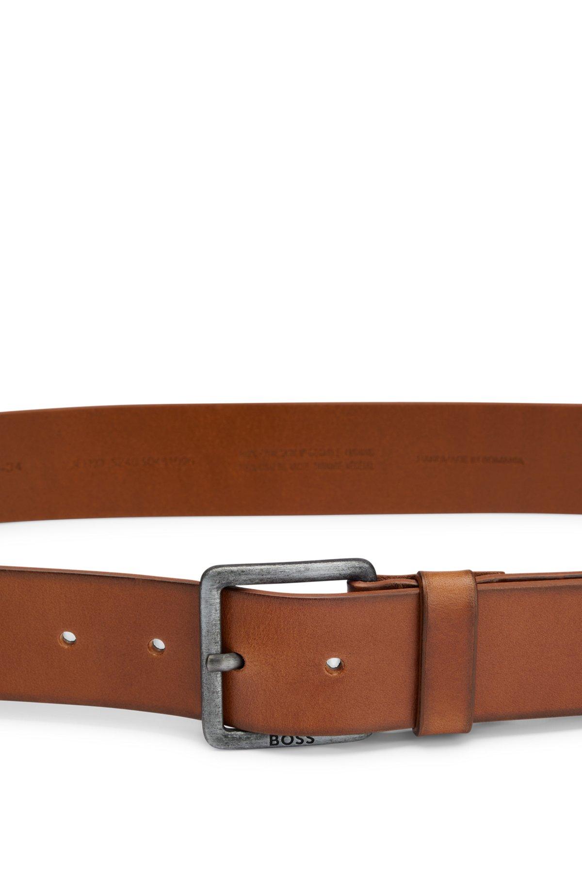Leather belt with logo and dark ruthenium hardware Product Image