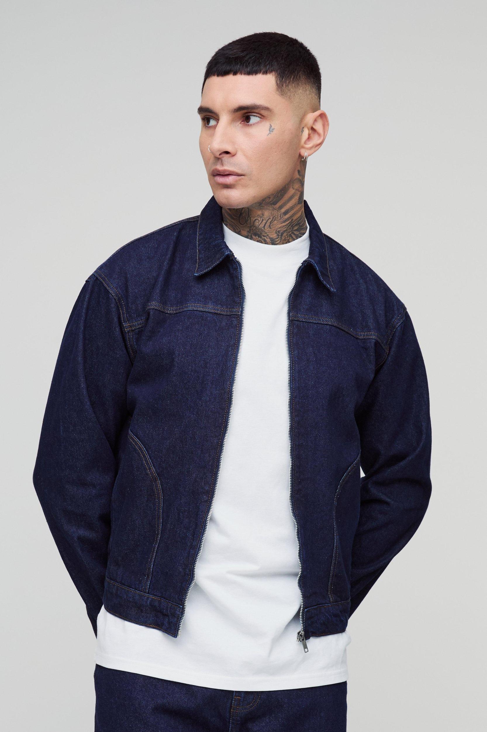 Tall Boxy Contrast Stitch Jean Jacket | boohooMAN USA Product Image