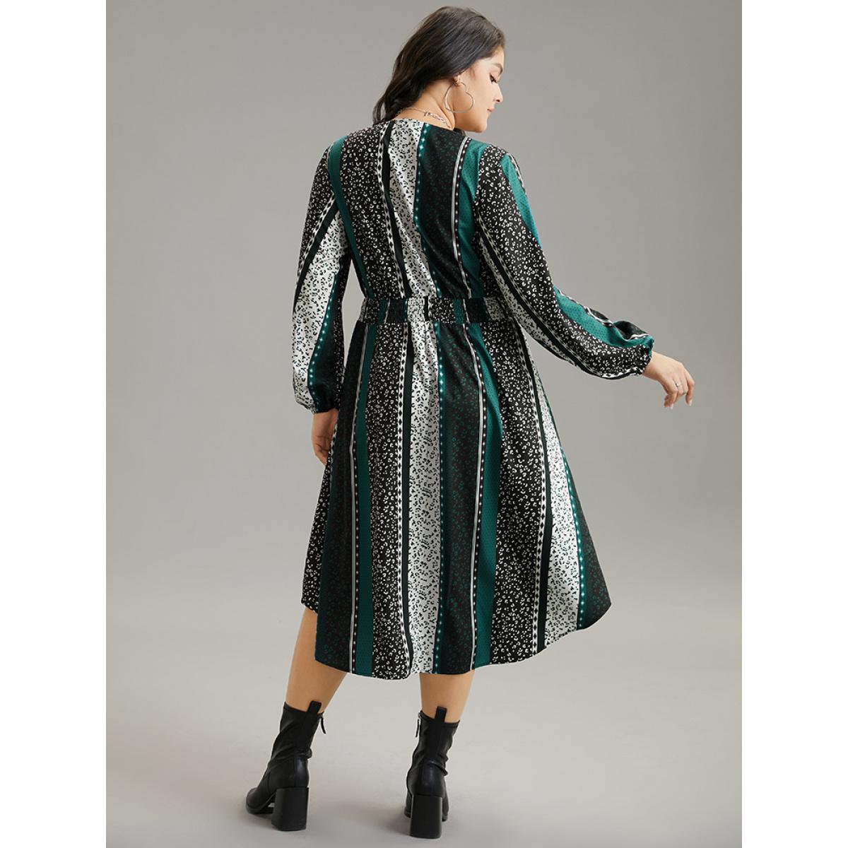 Plus Size Boho Print Striped Shirred Wrap Dress Emerald Women Vacation Elastic cuffs V-neck Long Sleeve Curvy Midi Dress BloomChic 10/M Product Image