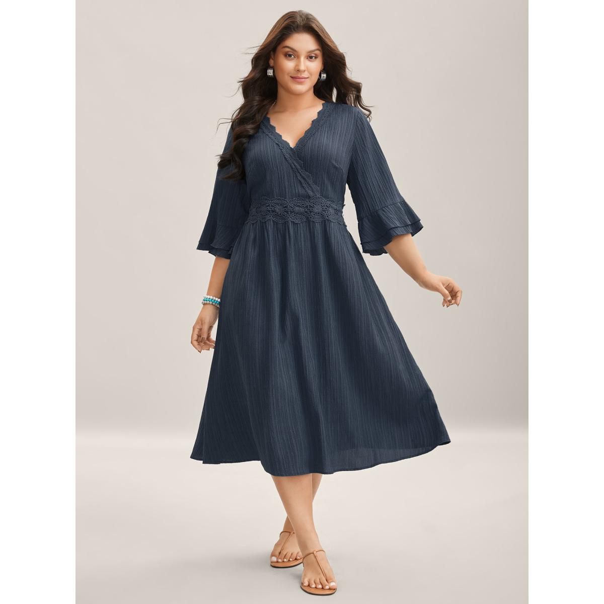 Plus Size Scalloped Lace Surplice Ruffled Midi Dress DarkBlue Women Boho Overlap Collar Elbow-length sleeve Curvy BloomChic 18-20/2X Product Image