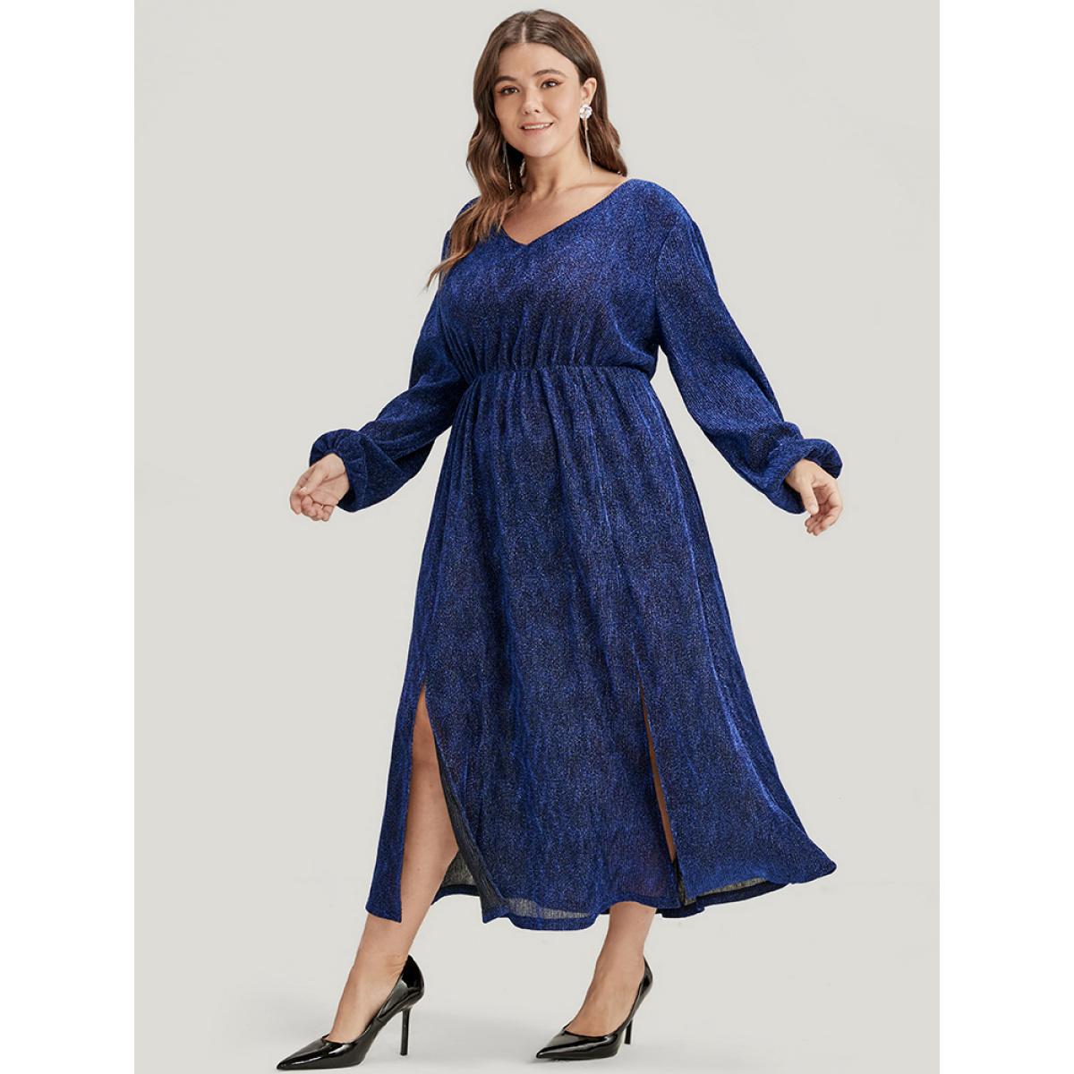 Plus Size Solid Lantern Sleeve Sequin Split Hem Dress DarkBlue Women Party Elastic Waist V-neck Long Sleeve Curvy Midi Dress BloomChic 22-24/3X Product Image