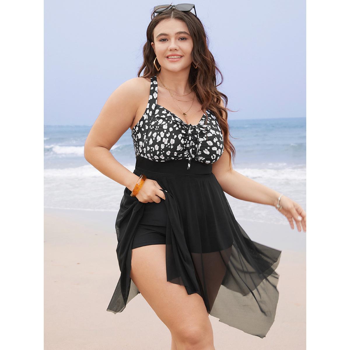 Plus Size Leopard Patchwork Drawstring Front Mesh Hanky Hem Swim Dress Women's Swimwear Black Vacation Bodycon Spaghetti Strap High stretch Curve Swim Dresses BloomChic 14-16/1X Product Image
