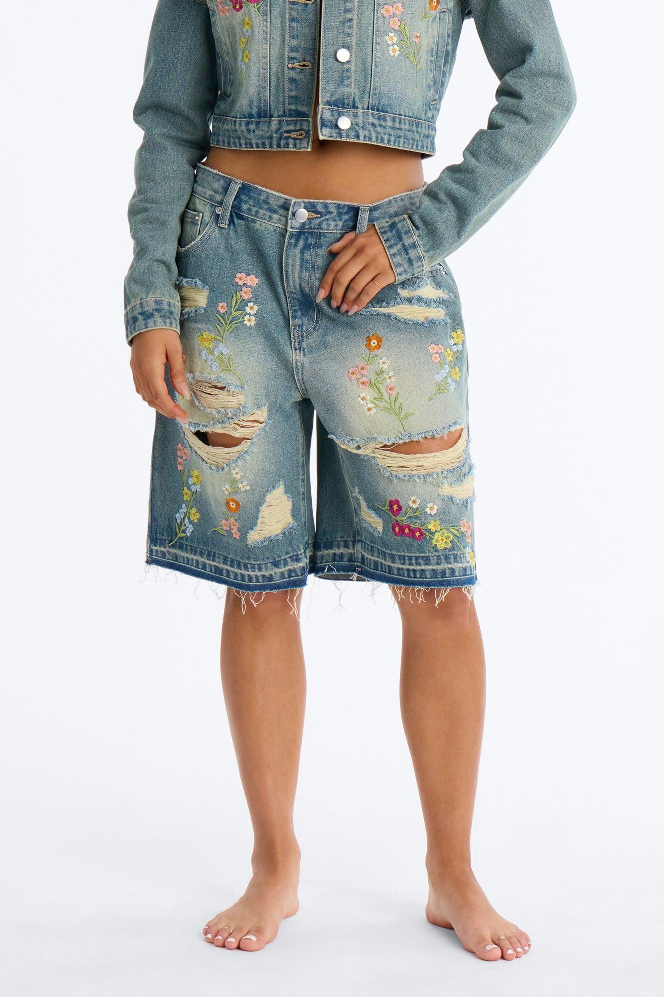 Enchanted Garden Embroidered Bermuda Shorts - Vintage Wash Female Product Image