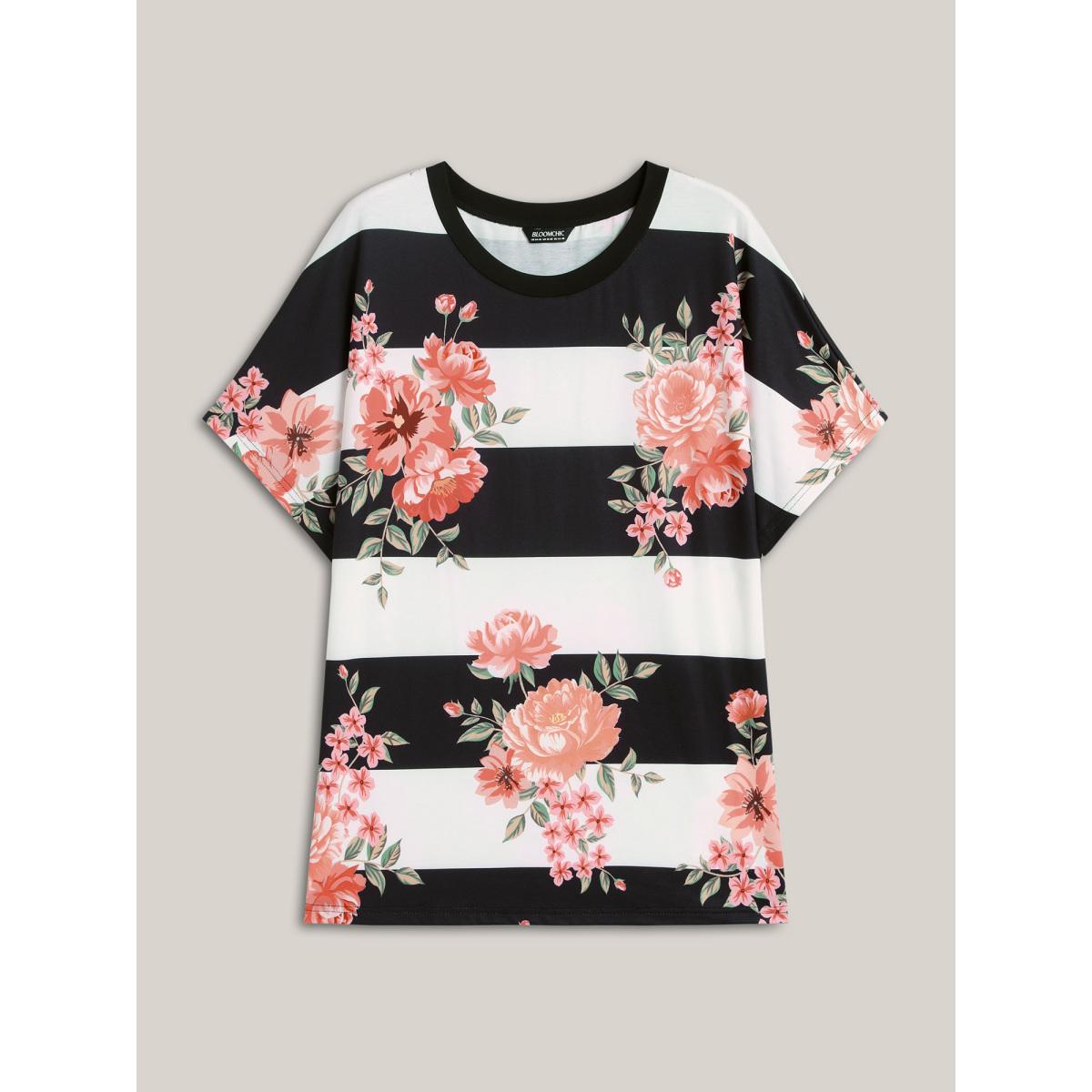 Plus Size Floral Stripes Print Stretchy T-Shirt Multicolor Women Casual Contrast Natural Flowers Round Neck Everyday T-shirts BloomChic 26/4X Product Image