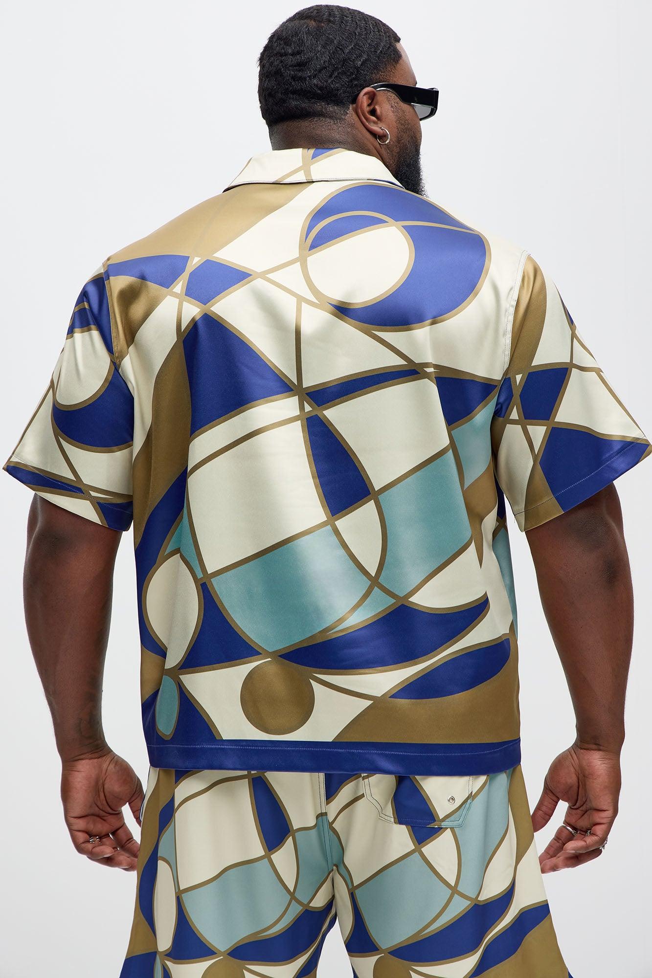 Geometric Paneled Cuban Collar Button Up Shirt - Multi Color Product Image