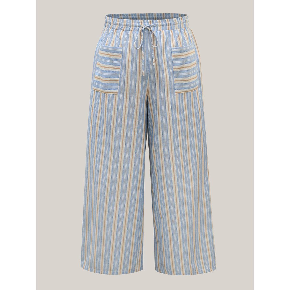 Plus Size Stripes Pockets Wide-Leg Pants Women LightBlue Resort Wide Leg Mid Rise Vacation Pants BloomChic 22-24/3X Product Image