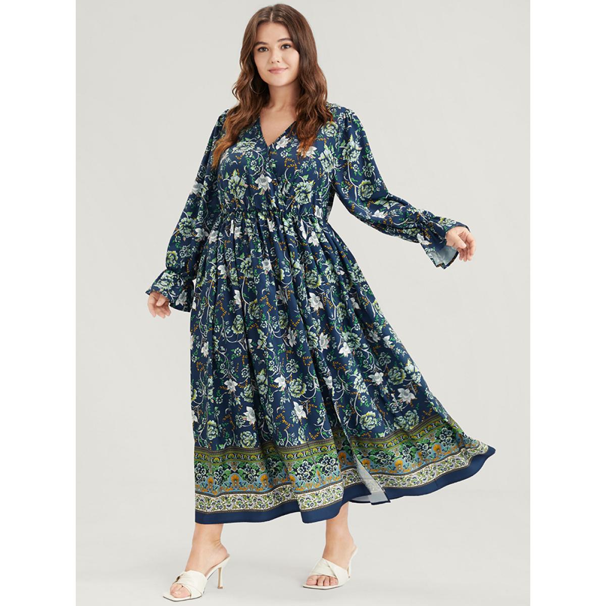 Plus Size Floral Lantern Sleeve Pocket Split Wrap Flutter Hem Maxi Dress DarkBlue Women Vacation Slit V-neck Long Sleeve Curvy Long Dress BloomChic 10/M Product Image