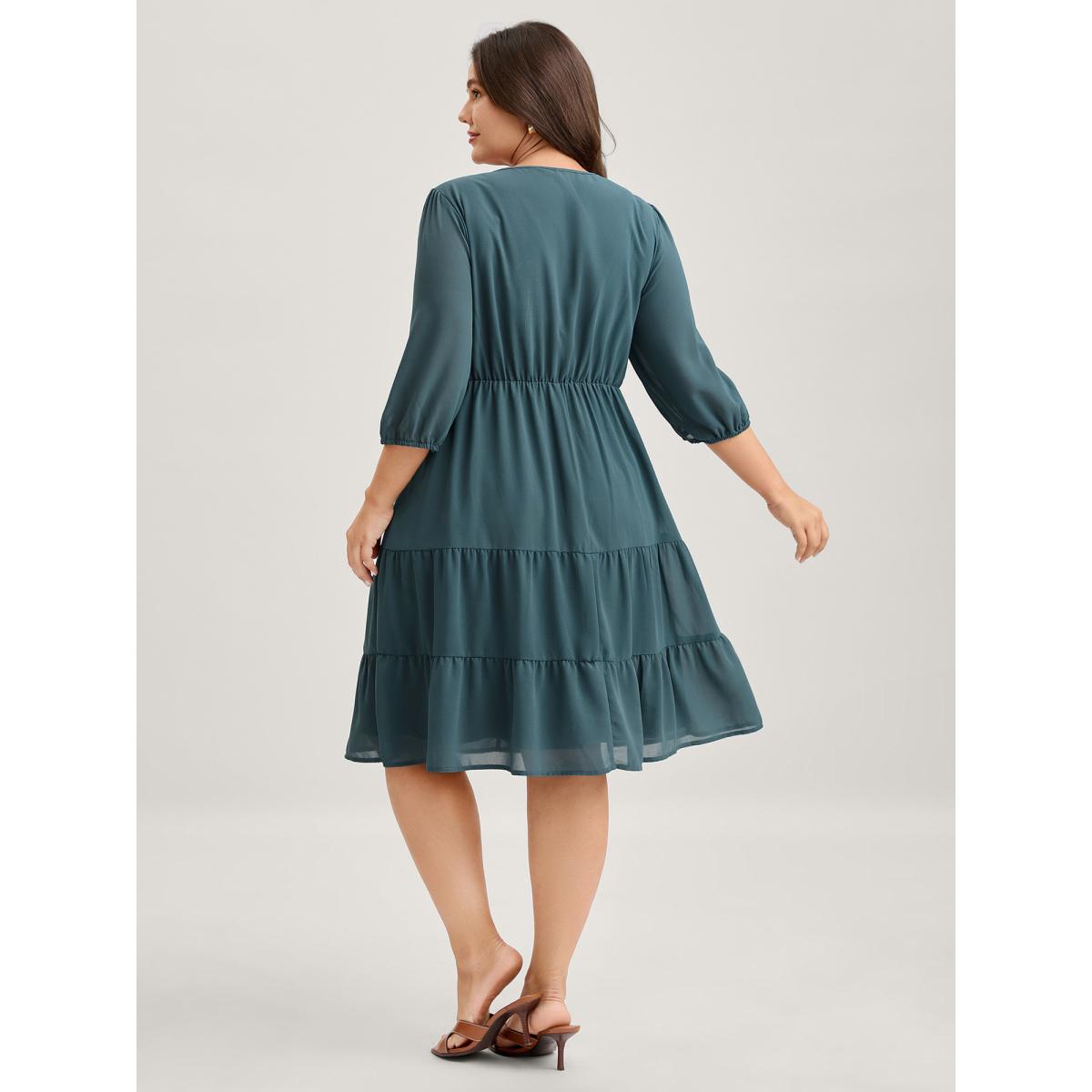 Plus Size Texture Tiered Tassel Solid Midi Dress Cyan Women Timeless Tie knot Flat collar Long Sleeve Curvy BloomChic 22-24/3X Product Image