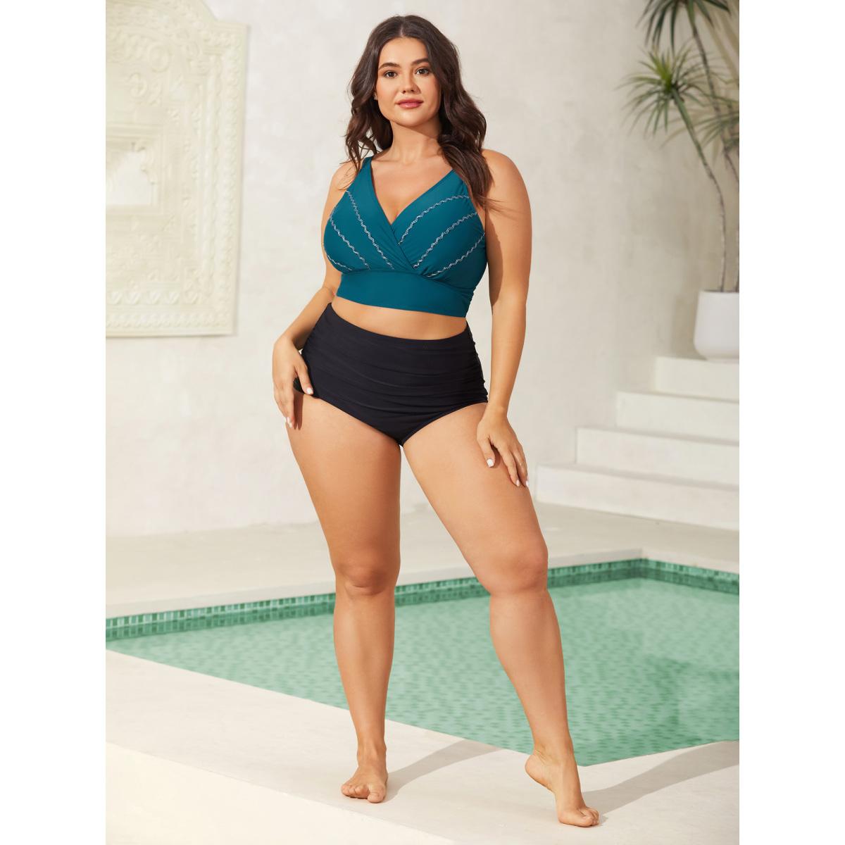 Plus Size Embroidered Surplice Neck Adjustable Swim Top Women's Swimwear Cyan Resort High stretch Skinny Overlap Collar Curve Swim Tops BloomChic 12/L Product Image