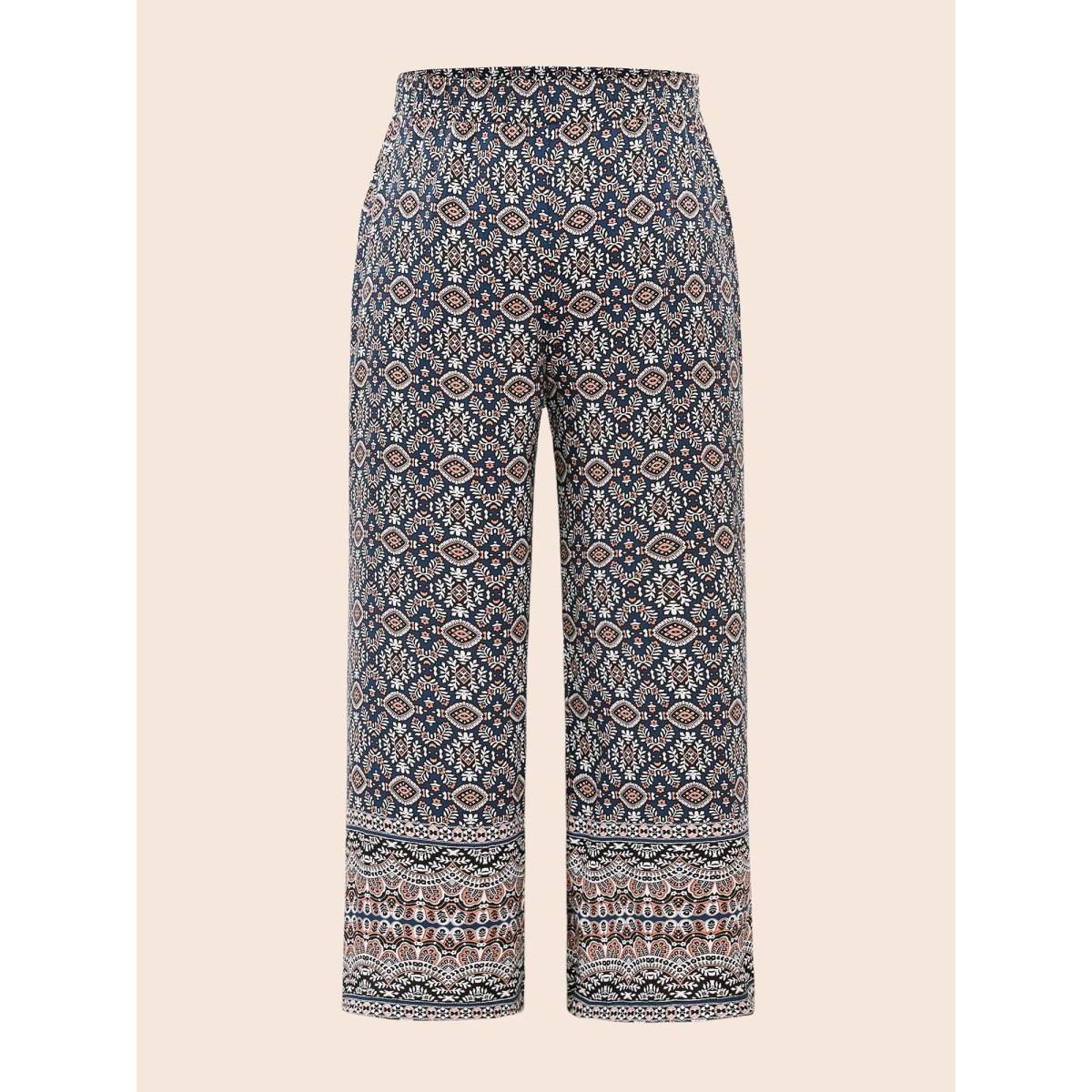 Plus Size Boho Print Elastic Waist Wide Leg Pants Women Indigo Resort Wide Leg Mid Rise Vacation Pants BloomChic 30/6X Product Image