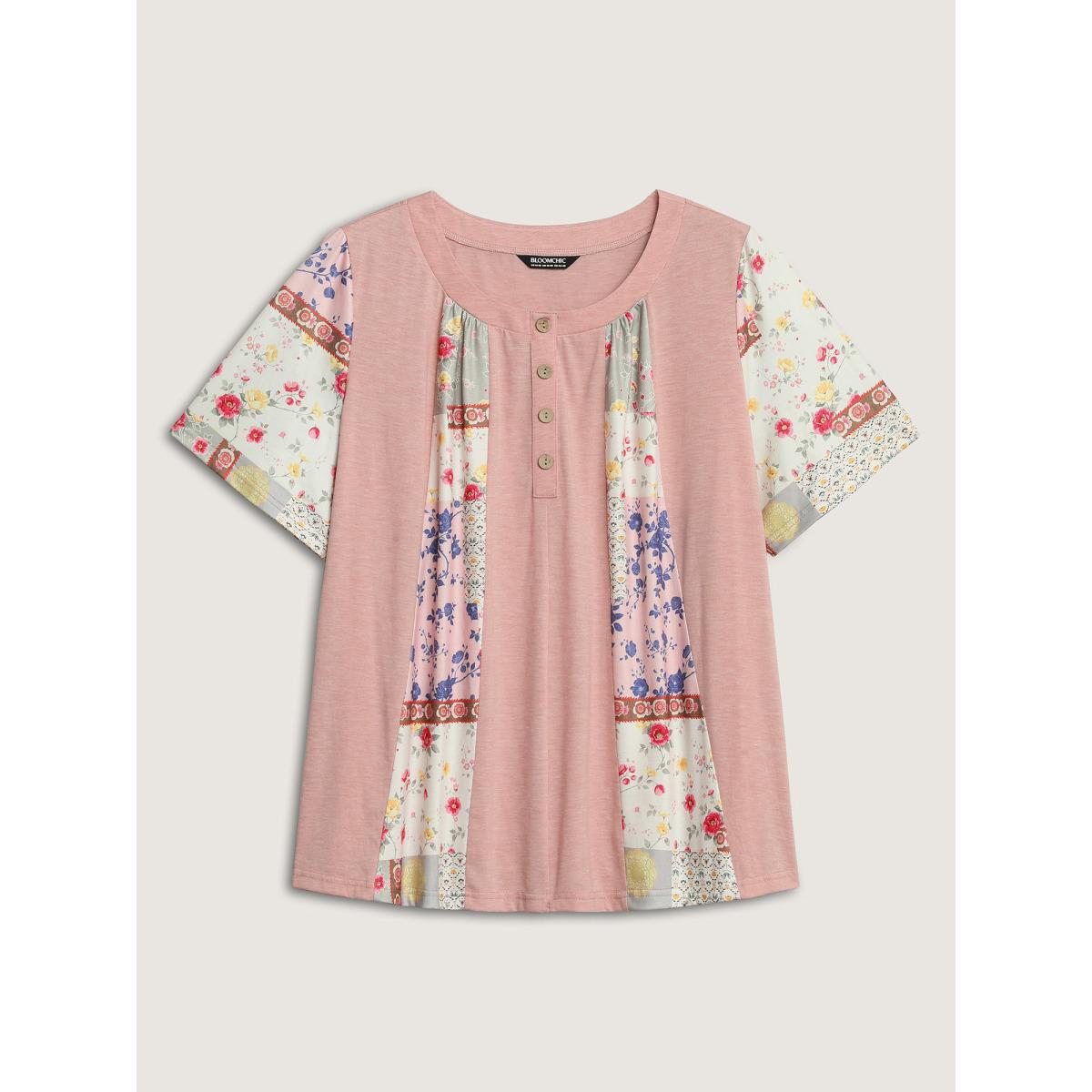Plus Size Stretchy Color Block Floral T-Shirt Nudepink Women Contrast Round Neck Casual T-shirts BloomChic 14-16/1X Product Image