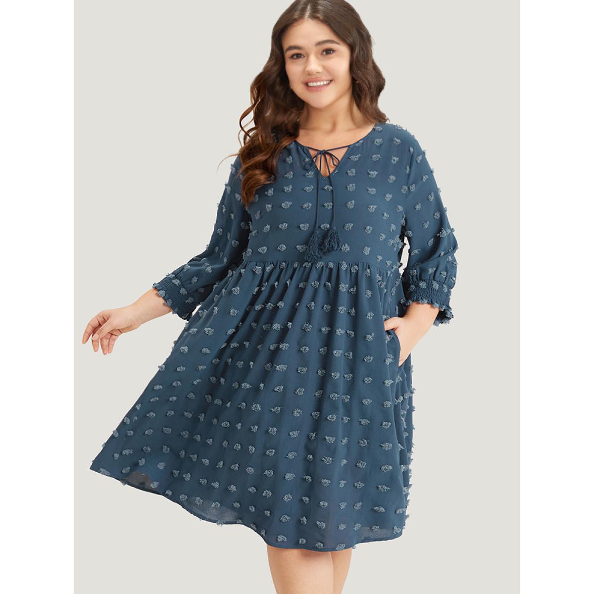 Plus Size Polka Dot Tassels Ties Shirred Cuffs Pocket Dress DarkBlue Women Office Elastic cuffs V-neck Elbow-length sleeve Curvy Midi Dress BloomChic 22-24/3X Product Image