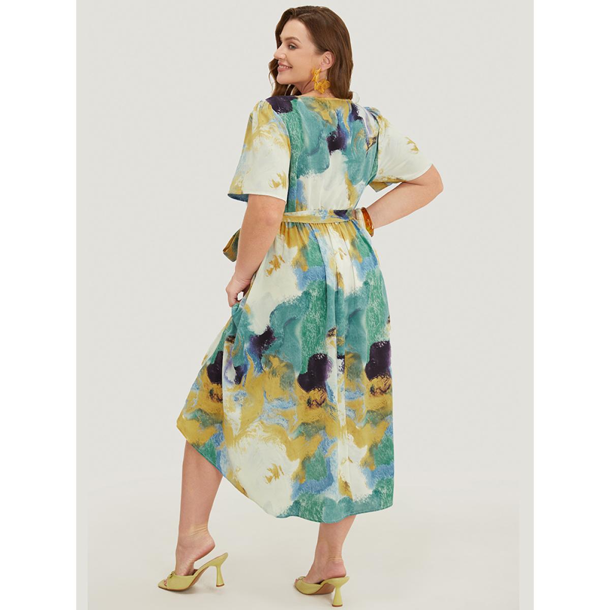 Plus Size Tie Dye Ruffle Pocket Wrap Belted High Low Dress Emerald Women Elegant Wrap V-neck Short sleeve Curvy Midi Dress BloomChic 10/M Product Image