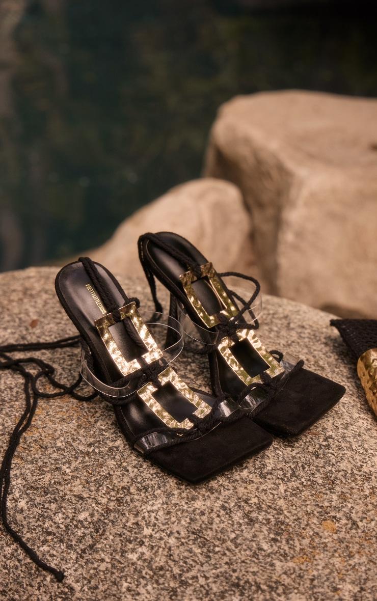 Black Faux Suede Square Toe Double Buckle Lace Up High Heeled Sandals Product Image