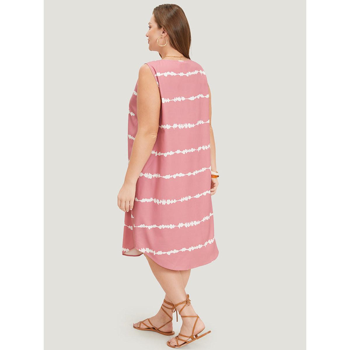 Plus Size Tie Dye Striped Pocket V Neck Arc Hem Tank Dress Watermelon Women Vacation V-neck Sleeveless Curvy Midi Dress BloomChic 22-24/3X Product Image