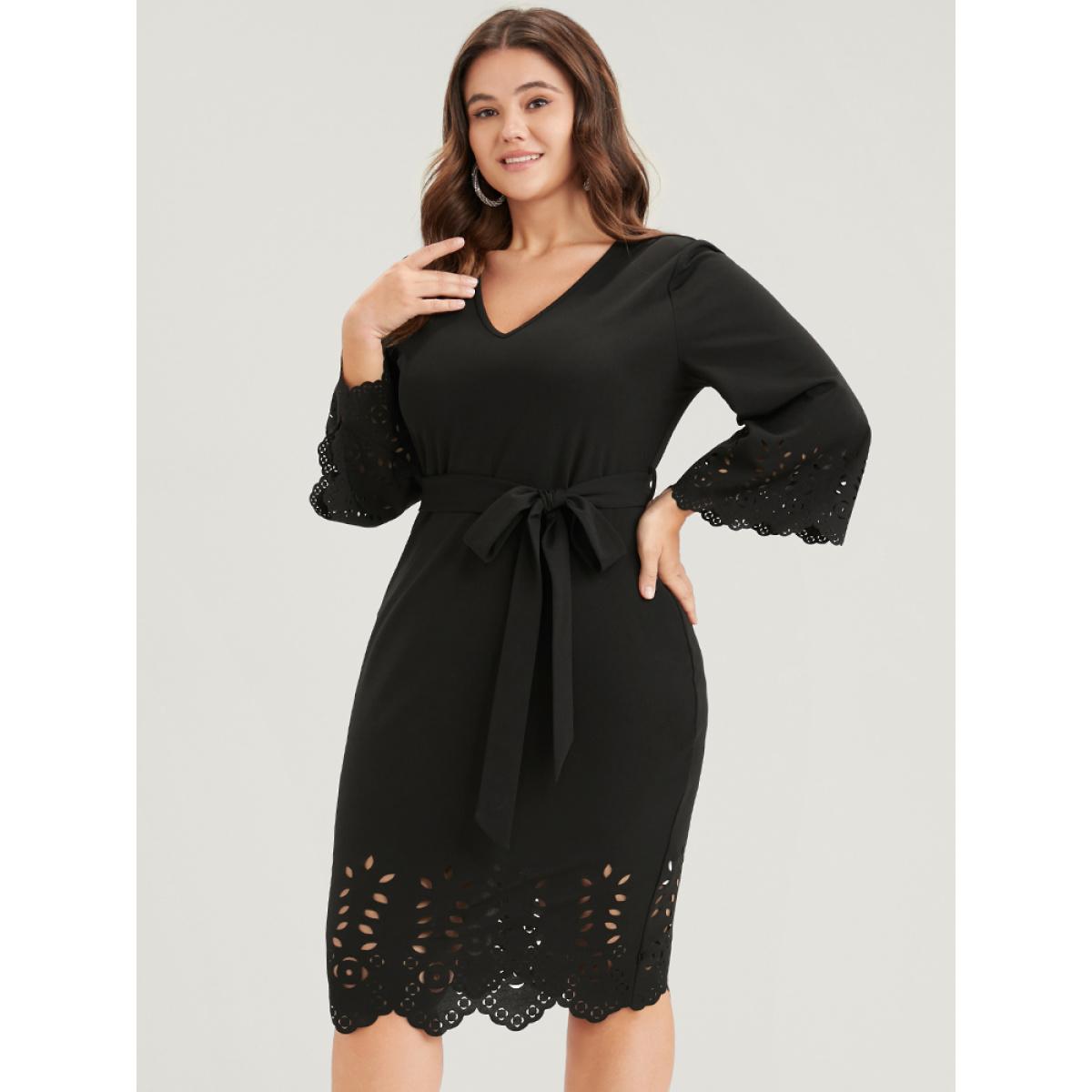Plus Size Solid Laser Cut Bell Sleeve Belted Knee Dress Black Women Glamour Plain V-neck Elbow-length sleeve Curvy Knee Dress BloomChic 10/M Product Image