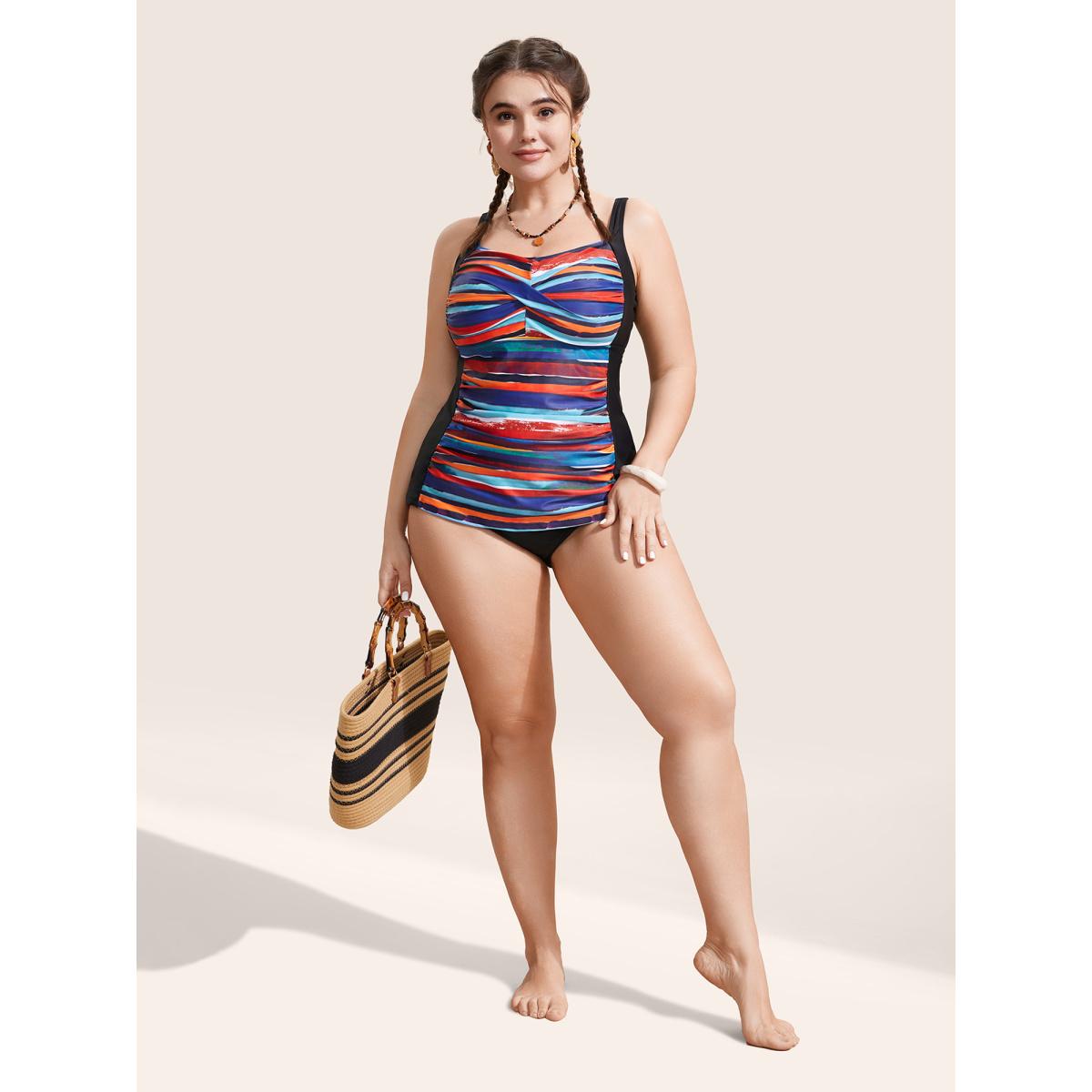 Plus Size Colored Striped Gathered Twist Front Swim Top Women's Swimwear Multicolor Beach Twist High stretch Skinny Heart neckline Curve Swim Tops BloomChic 14-16/1X Product Image