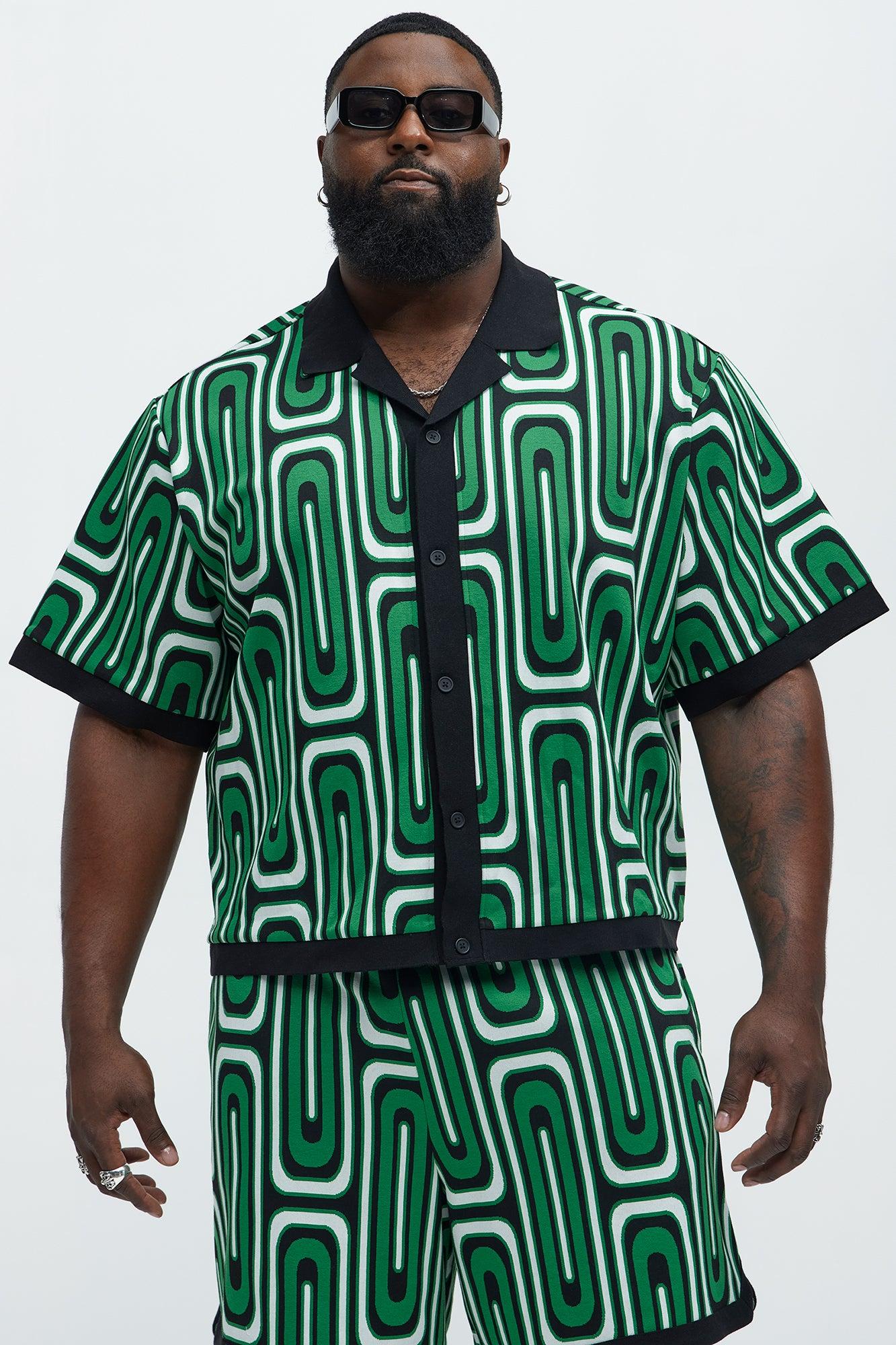 Jack Retro Pattern Cuban Collar Shirt - Green/combo Product Image