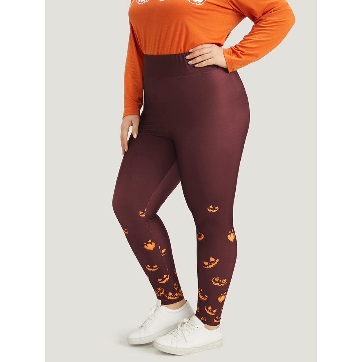 Plus Size Halloween Pumpkin Print Wideband Waist Leggings Women Burgundy Casual High stretch Skinny High Rise Festival-Halloween Leggings BloomChic 14-16/1X Product Image