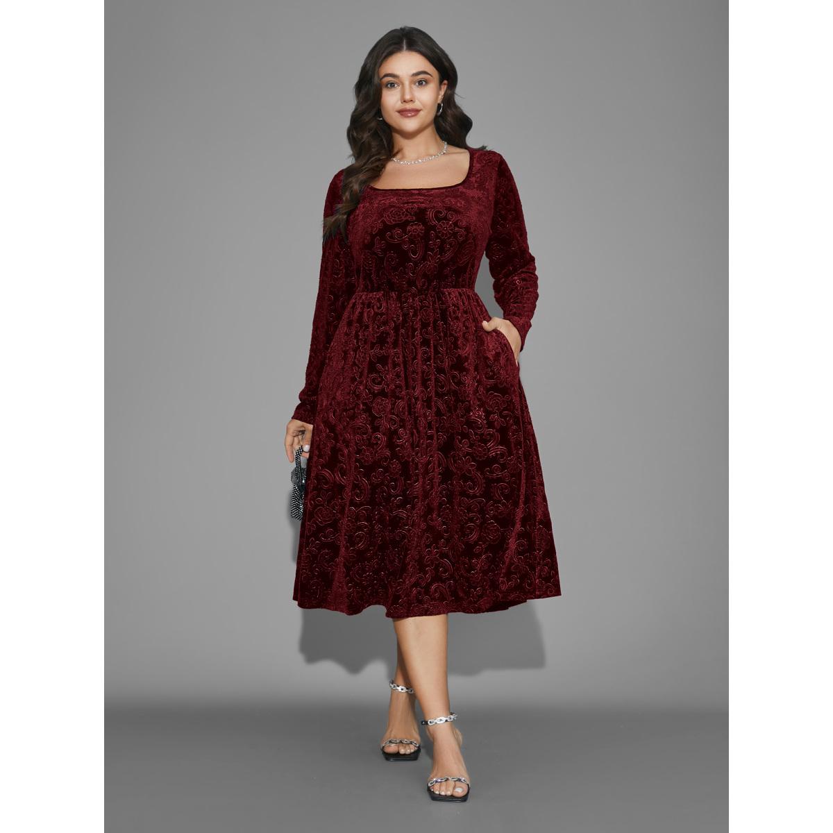 Plus Size Square Neck Floral Velvet Midi Dress Burgundy Women Cocktail Party Curvy Bloomchic 18-20/2X Product Image