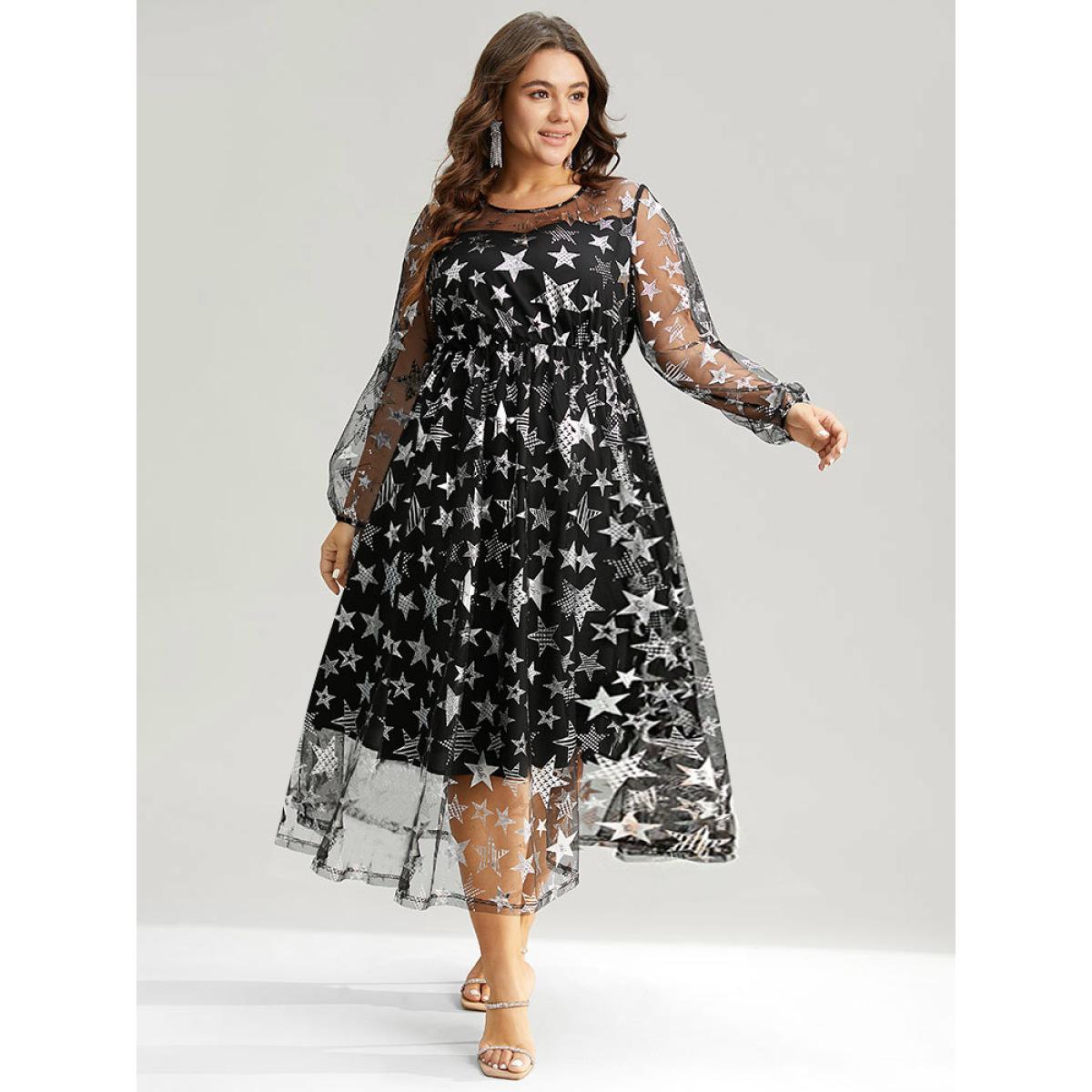 Plus Size Christmas Star Mesh Patchwork Lantern Sleeve Dress Black Women Party Elastic cuffs Round Neck Long Sleeve Curvy Midi Dress BloomChic 12/L Product Image