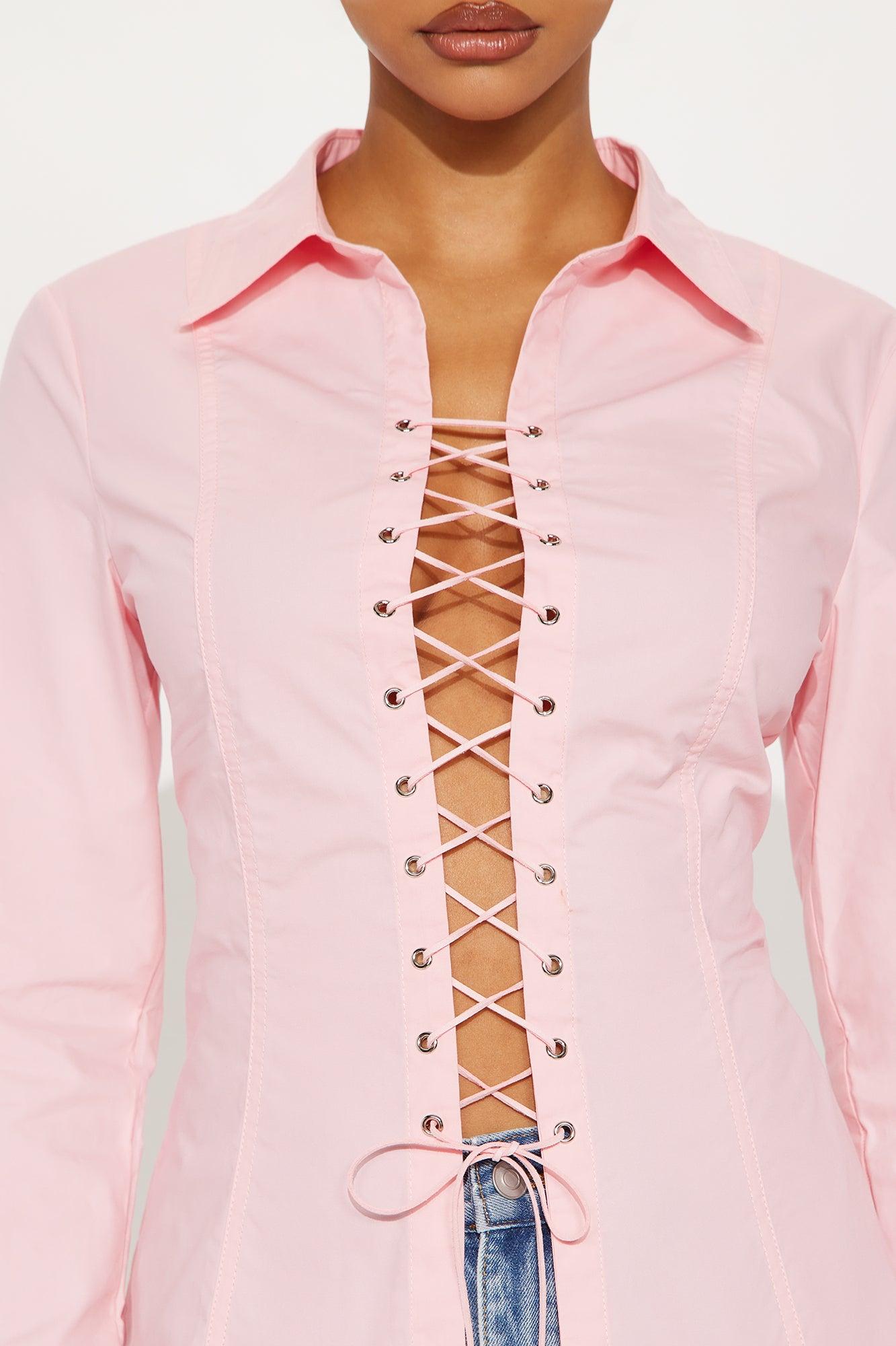 You Know Me Lace Up Poplin Shirt - Pink Female Product Image