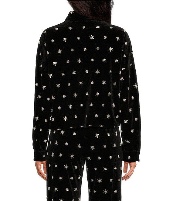 Chelsea & Violet Allegra Velvet Beaded Stars Point Collar Button Front Long Sleeve Cropped Blouse Product Image