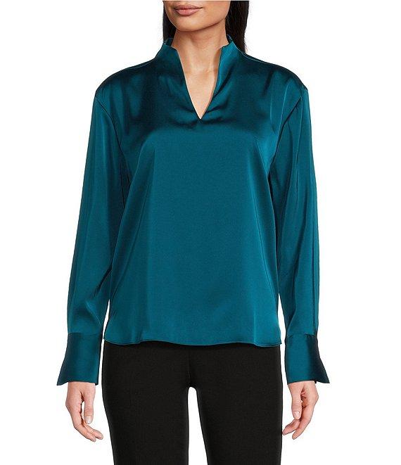 Calvin Klein Charmeuse Deep V-Neck Long Sleeve Blouse Product Image