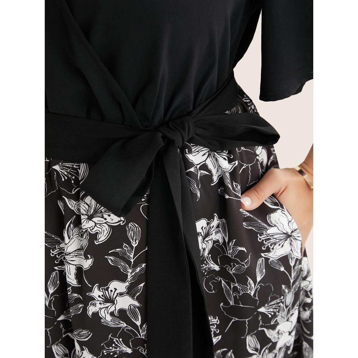 Plus Size Floral Patchwork Pocket Belt Surplice Neck Ruffle Hem Dress Black Women Timeless Patchwork V-neck Short sleeve Curvy Midi Dress BloomChic 12/L Product Image