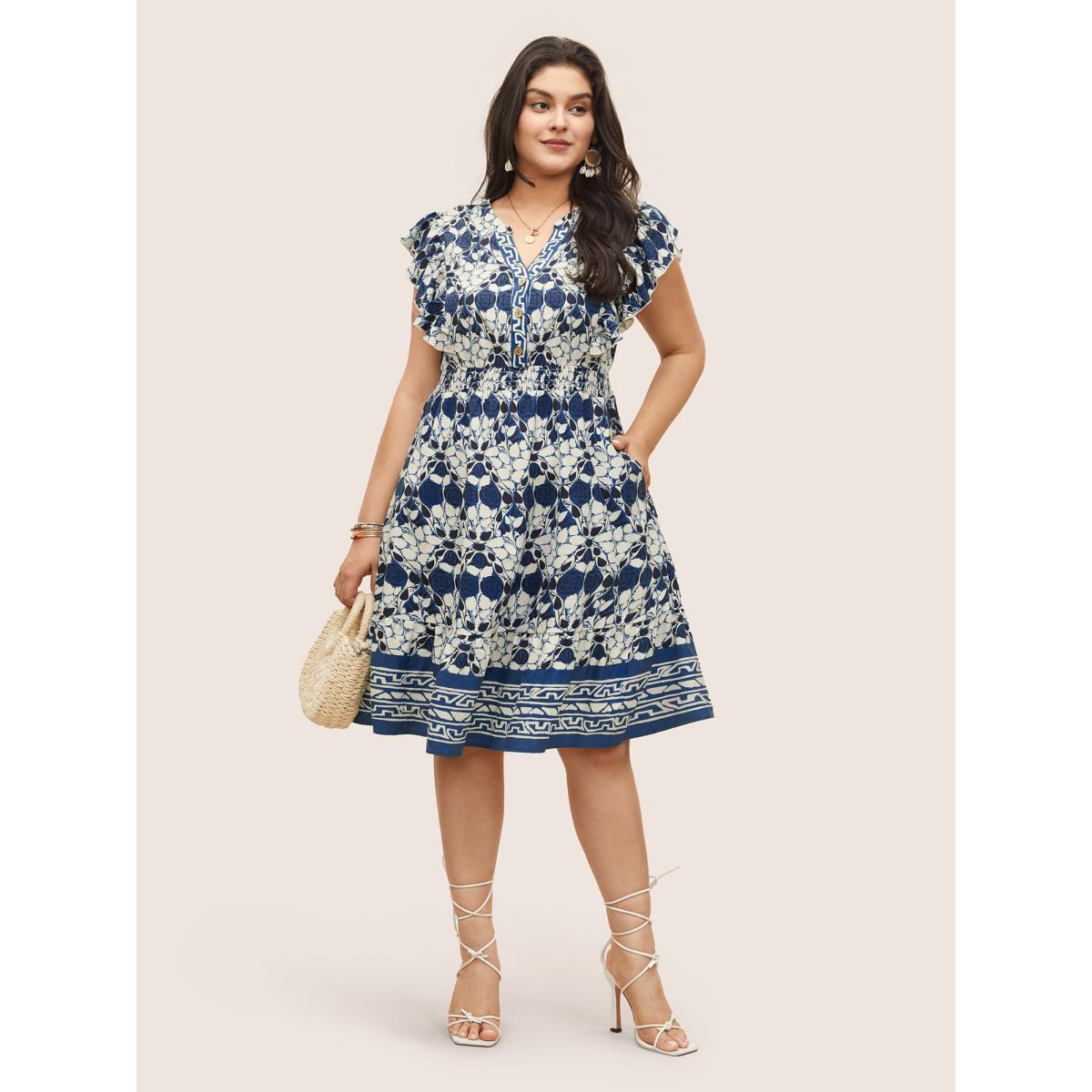 Plus Size Boho Print Ruffles Shirred Pocket Elastic Waist Dress DarkBlue Women Resort Non Notched collar Cap Sleeve Curvy Midi Dress BloomChic 10/M Product Image