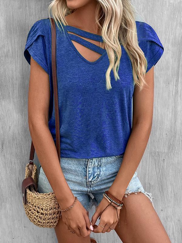 Loose Short Sleeves Solid Color V-Neck T-Shirts Tops Product Image