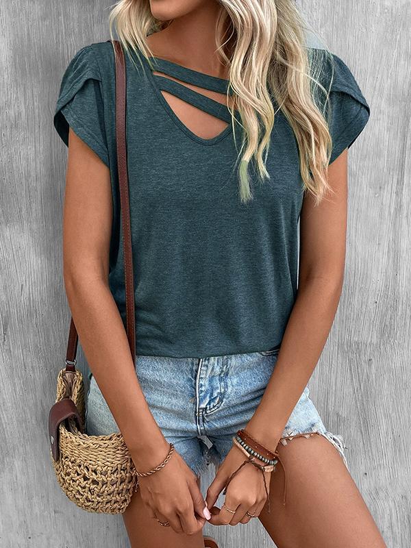 Loose Short Sleeves Solid Color V-Neck T-Shirts Tops Product Image