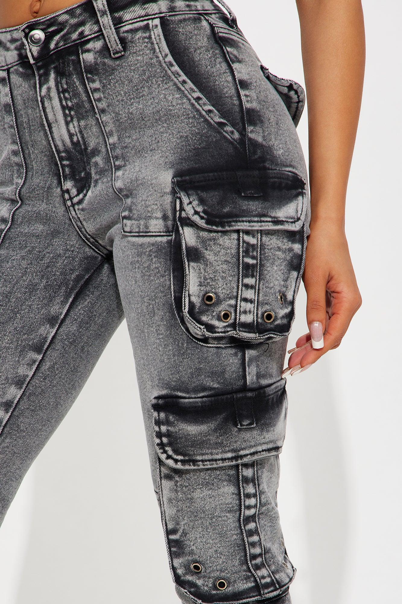 Dealing With It Cargo Stretch Skinny Jeans - Acid Wash Black Product Image