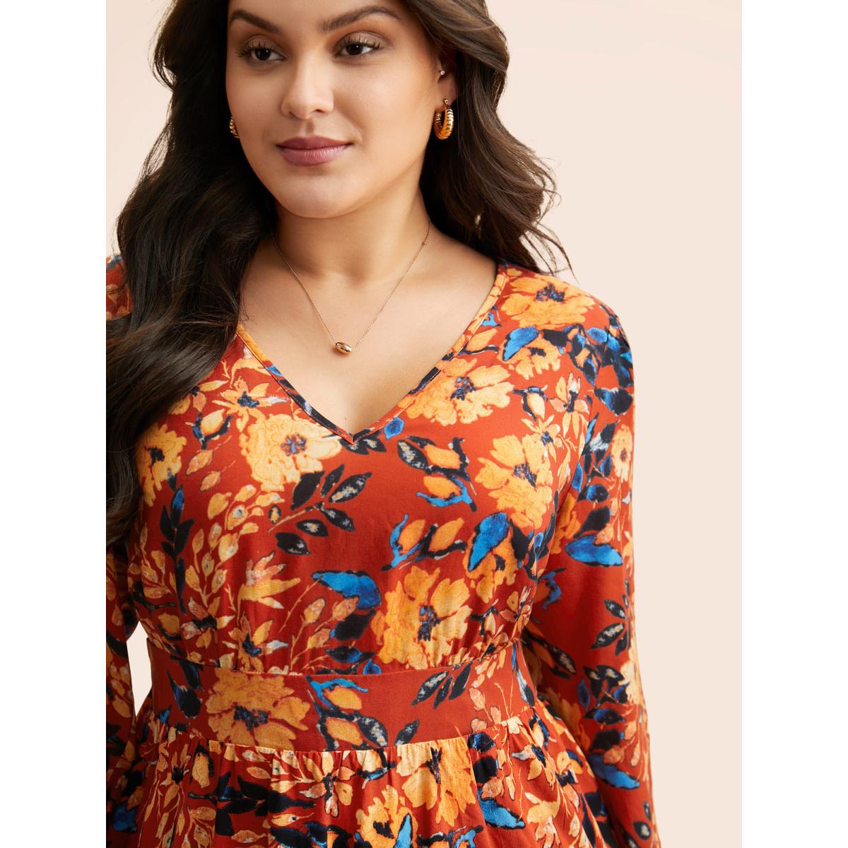 Plus Size Multicolor Floral Shirred Gathered Lantern Sleeve Blouse Women Elegant Long Sleeve V-neck Everyday Blouses BloomChic 22-24/3X Product Image