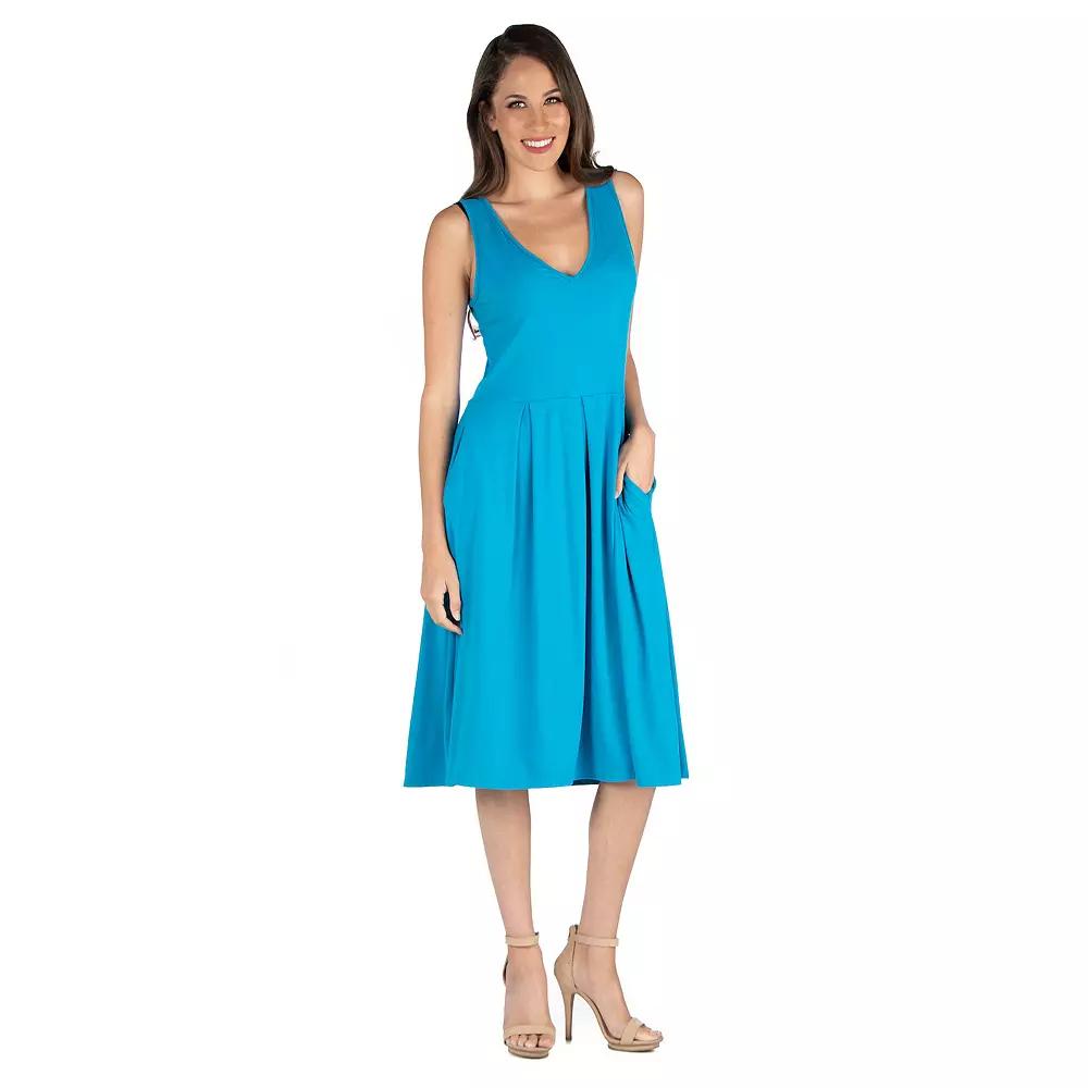 Women's 24seven Comfort Apparel Fit And Flare Sleeveless Midi Tank Top Dress with Pockets,  Product Image