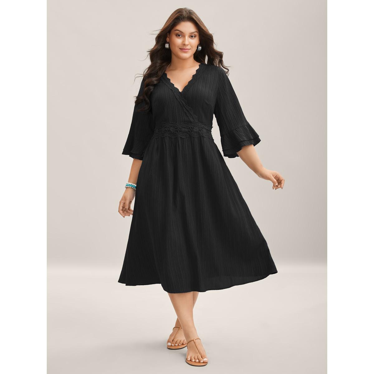 Plus Size Scalloped Lace Surplice Ruffled Midi Dress Black Women Boho Overlap Collar Elbow-length sleeve Curvy BloomChic 14-16/1X Product Image