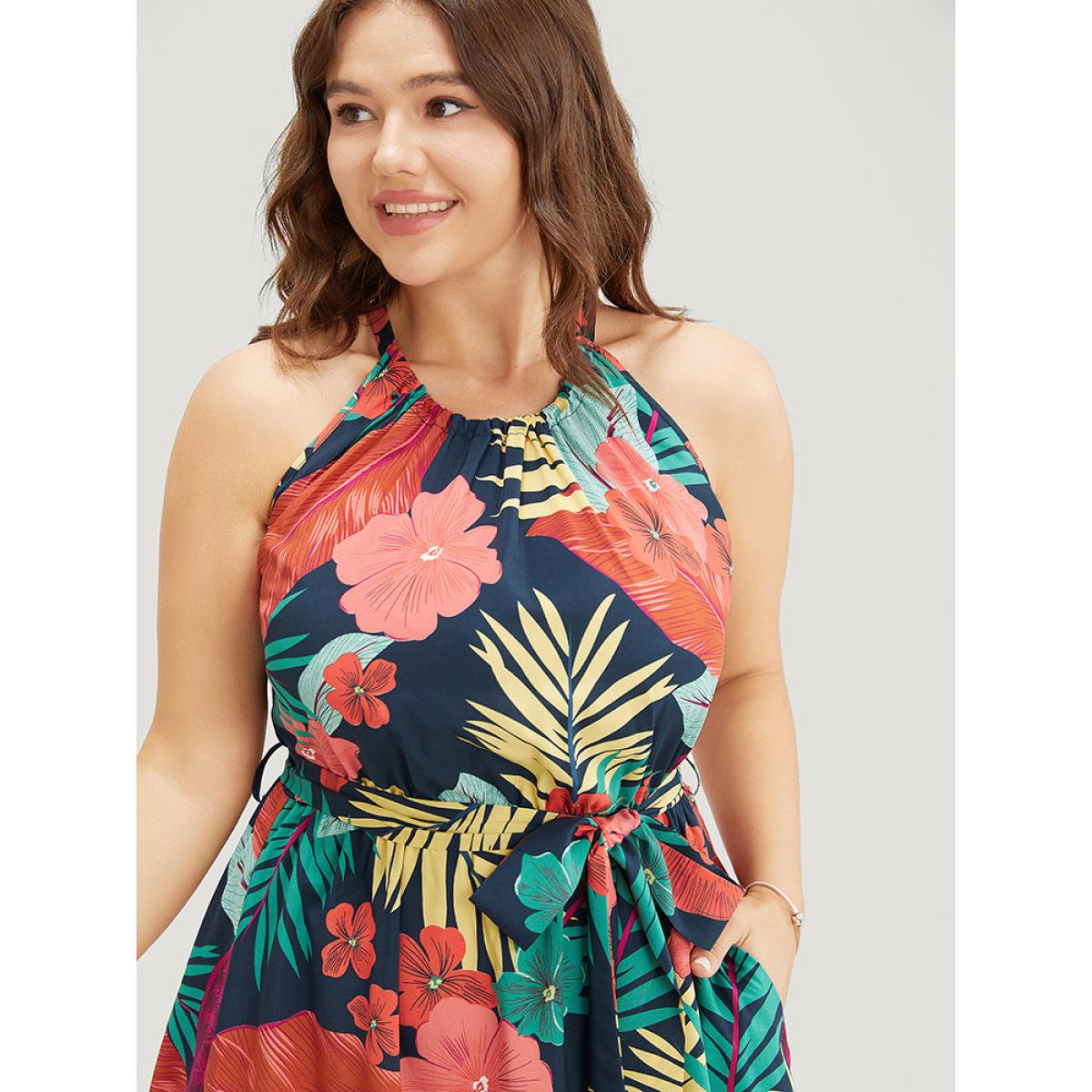 Plus Size Tropical Print Ruffle Hem Pocket Belt Knotted Halter Dress DarkBlue Women Vacation Cross straps Halter neck Sleeveless Curvy Midi Dress BloomChic 18-20/2X Product Image