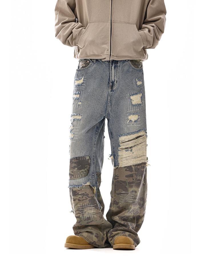 RT No. 12110 CAMO PATCH DISTRESSED DENIM JEANS Product Image